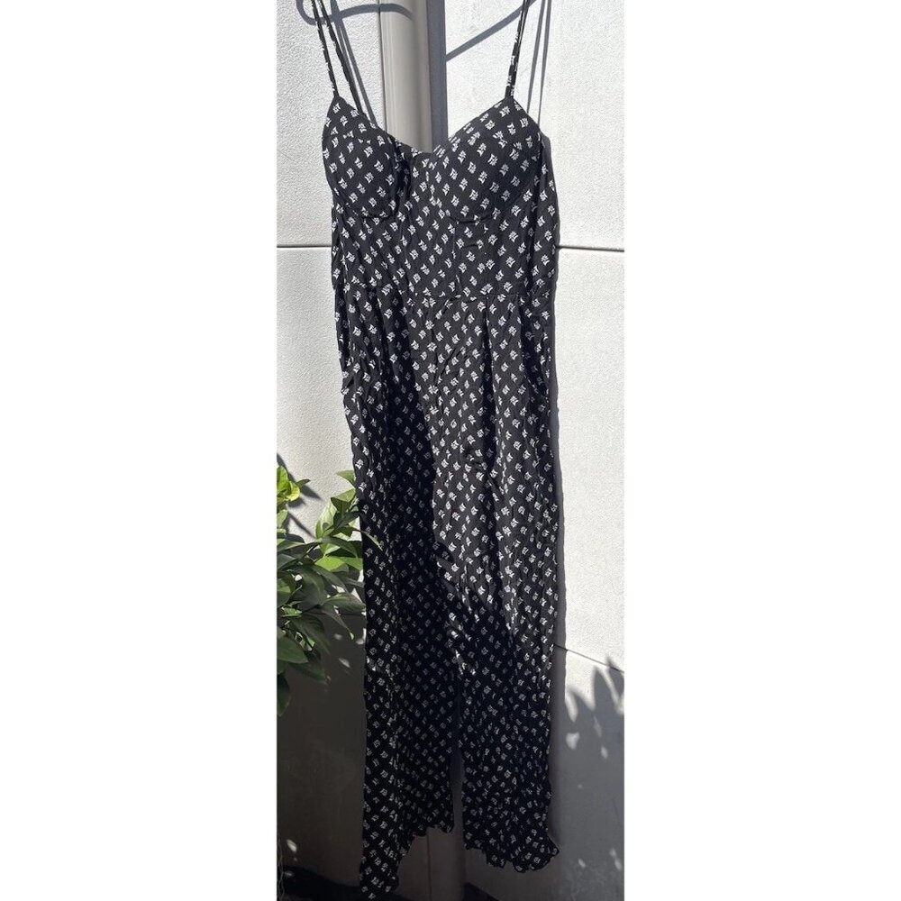 AUW As U Wish Babydoll Smocked Floral Black White Midi Dress Size XL Jumpsuit